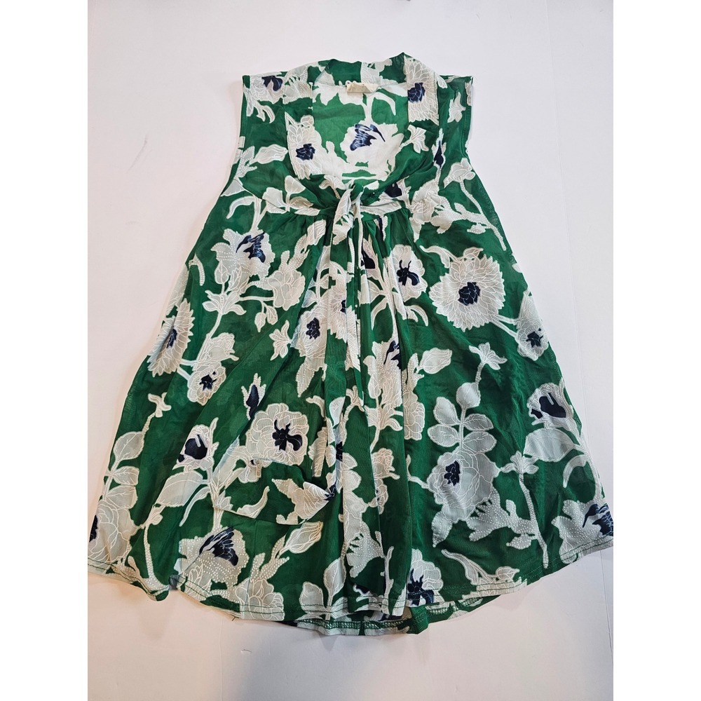 Floral Tie Neck Blouse Women M Green Sleeveless Mesh Sheer Top Workwear‎